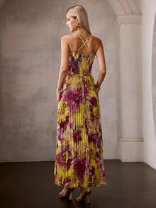 MOTF PREMIUM ELEGANT WOMEN'S SPAGHETTI STRAP MAXI PARTY GOWN WITH RANDOM FLORAL PRINT PLEATED FABRIC, SPAGHETTI STRAP DESIGN FOR VALENTINE'S DAY, EVENING GALAS, WEDDING GUEST ATTIRE, ANNIVERSARY CELEBRATIONS, PROM NIGHTS, HOLIDAY BASHES, ELEGANT BIRTHDAY CELEBRATIONS - Multicolor - View 3
