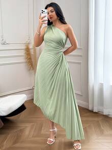Modelyn 女款單肩褶皺不對稱下擺優雅洋裝 - 綠色 - 查看 2