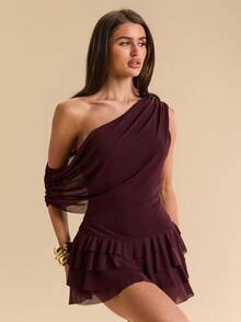 SHEIN BAE Spring/Summer Solid Purple One-Shoulder Asymmetric Draped Waist Multi-Layer Ruffle Short Mini Dress Sexy Hot Girl Date Party Dress - Purple - View 5
