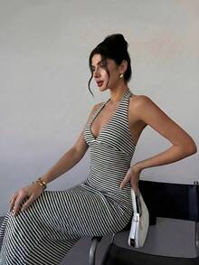 Firerie 情人節新款春夏簡約優雅浪漫約會掛脖V領杏色紋理面料收腰顯瘦長洋裝 - 軍綠色 - 查看 8