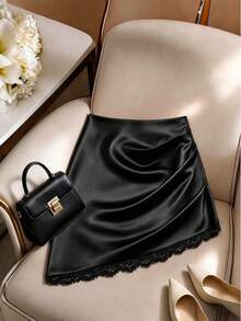 Selianne Women's Solid High Waist Bodycon Mini Skirt Diagonal Cut Lace Hem & Side Ruched Draped Minimal Ins Style Fit For Daily  Date Party Summer Autumn - Black - View 3