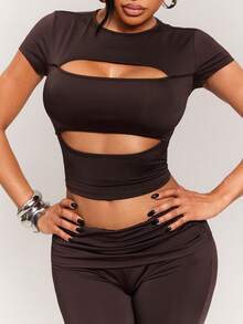 Radiana Women's 2-Piece Set All Shades Of Brown,Summmer,Seksi Chic,Night Out Club Hollow Round Neck Short Sleeve T-Shirt And Low Waist Fitted Flare Pants - Brown - View 8