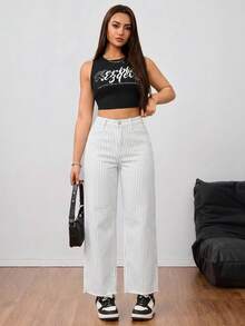 SHEIN Tall 女款極簡線條設計休閒牛仔褲，適合高個女性 - 黑與白 - 查看 5