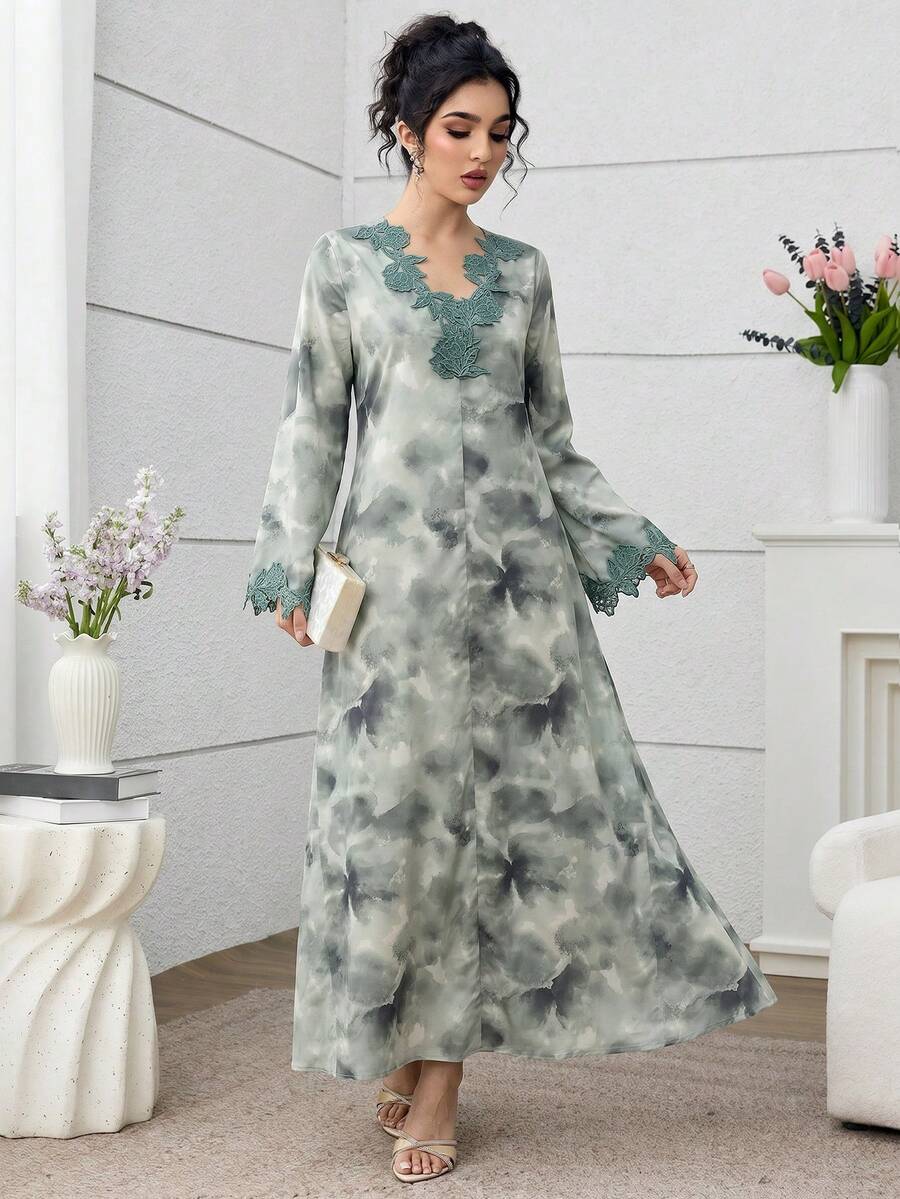 Yasmyna Women's Middle Eastern Dubai Watercolor Tie Dye Lace Trim Abaya Muslim Elegant Slim Dress - Green - View 1