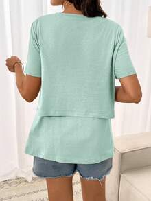 SHEIN 孕婦夏季休閒純色短袖哺乳上衣 - 綠色 - 查看 2