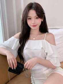 DAZY Contrast Mesh Short Sleeve Round Neck Ruffle Trim Women's Blouse Summer - White - View 5