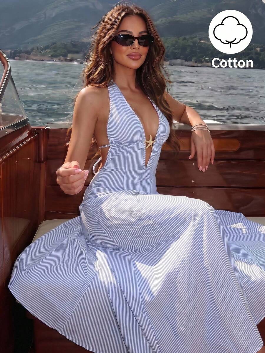 Sunnyshic Abito a-line in cotone a righe blu e bianche con scollo a v, schienale scoperto e laccio, elegante per l'estate, la spiaggia, le vacanze, gli spostamenti, lo shopping, gli appuntamenti e l'uso quotidiano - Blu e Bianco - Visualizzare 1