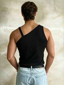 Manfinity Dauomo Men's Solid Color Oblique Shoulder Sleeveless Slim Fit Casual Asymmetrical Hollow Out Tank Top - Black - View 2