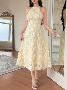 DAZY Summer Elegant Slim Fit Lace Dress Sleeveless Women's Midi Dress - Beige - View 6