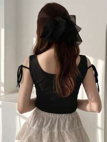 FRIFUL 2 In 1 Color Block Ruched Tie-Up Slimming Casual Versatile T-Shirt Summer Cute Top - Black - View 2