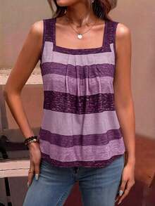 EMERY ROSE Holiday Casual Color Block Striped Tank Top Graphic Tees Women Tops - Purple - View 4