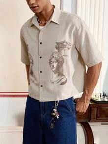 SWAVVY Camisa casual de uso diario de corte sencillo con estampado de figura para hombres - Albaricoque - Ver 7