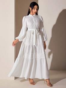Veilorie Robe arabe élégante pour femmes avec manches lanterne en dentelle contrastée pour les vacances - Blanc - Voir 5