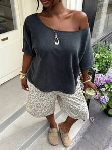 Muchica Plus Size T-Shirts For Women,Grey Summer Smart Casual Everyday Tee, Breathable Lightweight,Chic Y2k Style For Daily Commute,Date,Party,Vacation - Dark Grey - View 6