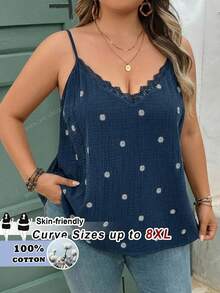SHEIN CURVE+ 大码女式雏菊刺绣印花V领荷叶边宽松吊带背心 - 藍色 - 查看 7