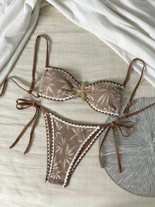 Bonvoyette 女款夏季純色比基尼泳衣套裝，海洋金屬色飾邊，紋理布料，編織邊設計，性感熱帶度假沙灘棕色 - 棕色 - 查看 1