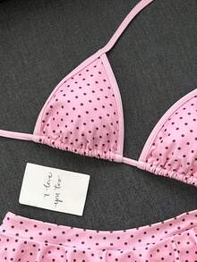 Swim Mod 女款海灘裝復古紅白波點印花對比飾邊性感微比基尼三角上衣超短比基尼裙時尚休閒度假甜美復古可愛性感女款泳衣套裝掛脖比基尼兩件式 - 淺粉色 - 查看 4