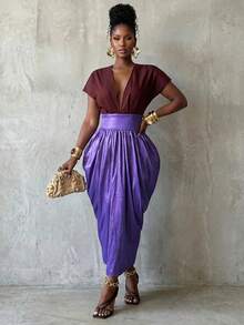 BamGlimmer Women's Contrast Color Deep V-Neck Waist-Defining Fashion Design Long Dress - Purple - View 4