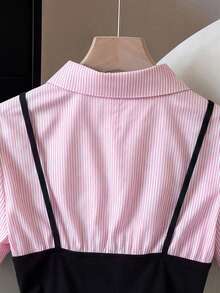 GlowEve Camisa de moda 2 en 1 para mujer con rayas de contraste, manga corta, volantes y botones delanteros, adecuada para vacaciones de primavera/verano, uso casual diario y versátil - Rosa Fucsia - Ver 3