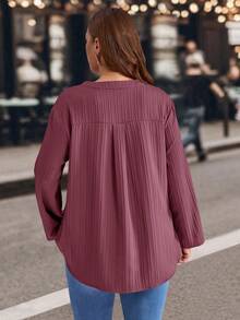 EMERY ROSE Blusa casual de talla grande con cuello con muesca y mangas remangadas, ropa de invierno - Rojo violeta - Ver 5