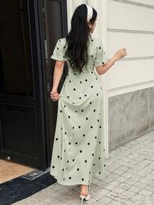 Feyla Women's Colorblock Polka Dot Print Short Sleeve Long Dress - Green - View 3