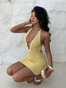 Aloruh Women's Solid Color Crochet Mini Dress With Shell Decor, Suitable For Beach Vacation - Light Yellow - View 3