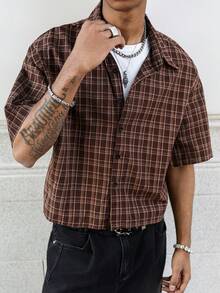 Manfinity Roghcode Men's Plus Size Summer Vintage Plaid Front Button Short Sleeve Shirt - Brown - View 6