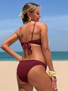 SHEIN 26SS Summer Beach Vacation Yellow Ruffle Textured Fabric Maternity Swimsuit Set - Burgundy - View 2