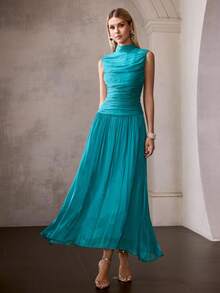MOTF PREMIUM FRENCH STYLE ELEGANT SLEEVELESS MOCK NECK PLEATED CINCHED WAIST LONG DRESS FOR WOMEN - Mist Green - View 1