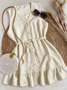 Resyla Women's Sleeveless V-Neck Button-Down Single-Breasted Front Opening Dress Vacation Light Beige Summer Casual - Khaki - View 1