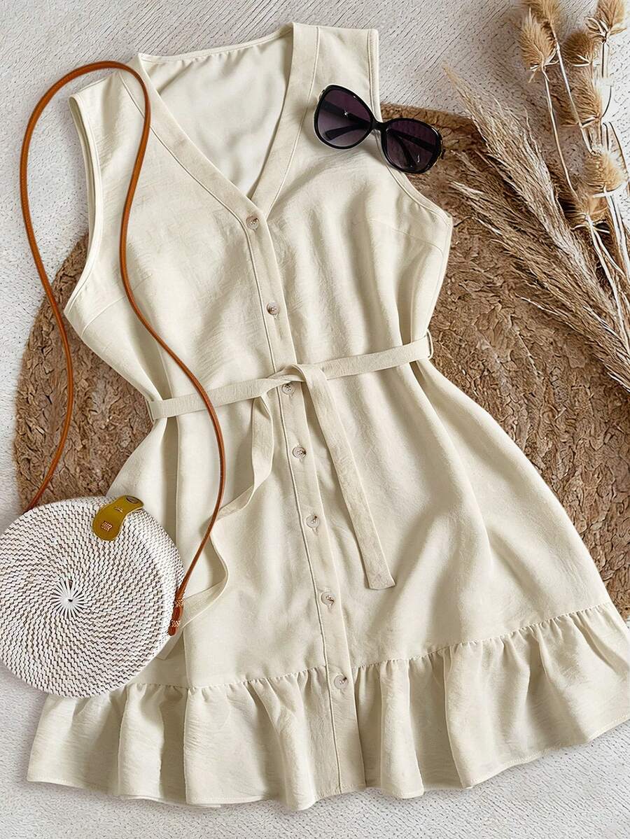 Resyla Women's Sleeveless V-Neck Button-Down Single-Breasted Front Opening Dress Vacation Light Beige Summer Casual - Khaki - View 1