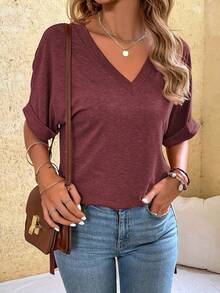 EMERY ROSE Solid Color Knit V-Neck Loose Long Sleeve Casual Plus Size T-Shirt With Side Slit Design, Plus Size T-Shirt - Apricot - View 5