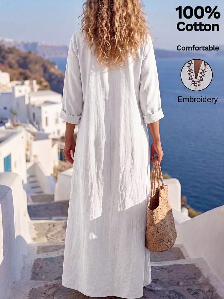 vacation leisure silk-cotton embroidery dress SHEIN Holidaya Summer All Cotton Soft Exquisite Embroidered Dress Island  Vacation Beach Holiday Bohemian Vacation Elegant Casual Embroidered  Placement Floral V-Neck Women's Long Dress