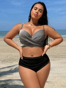 Swim Lushoire Plus Size Women's Striped Ribbed Print Underwire Push-Up Criss-Cross Design Top With Black Striped Ruched Tummy Control Minimalist Sexy Summer Beach Swimsuit Set - Black and White - View 4