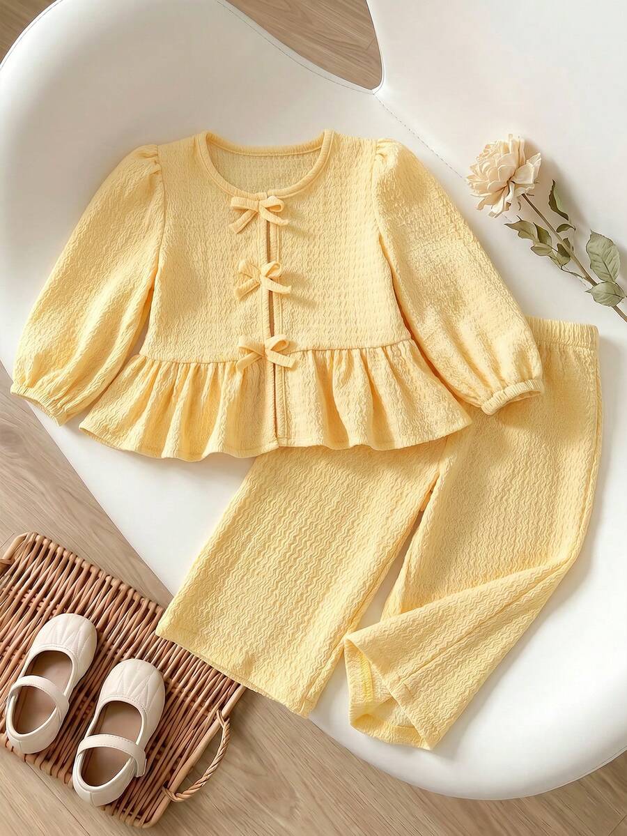 SHEIN Playful Pals 女嬰幼童新生兒 0-3 歲秋冬百搭日常淡黃色蝴蝶結長袖上衣 + 長褲套裝 - 黃色 - 查看 1