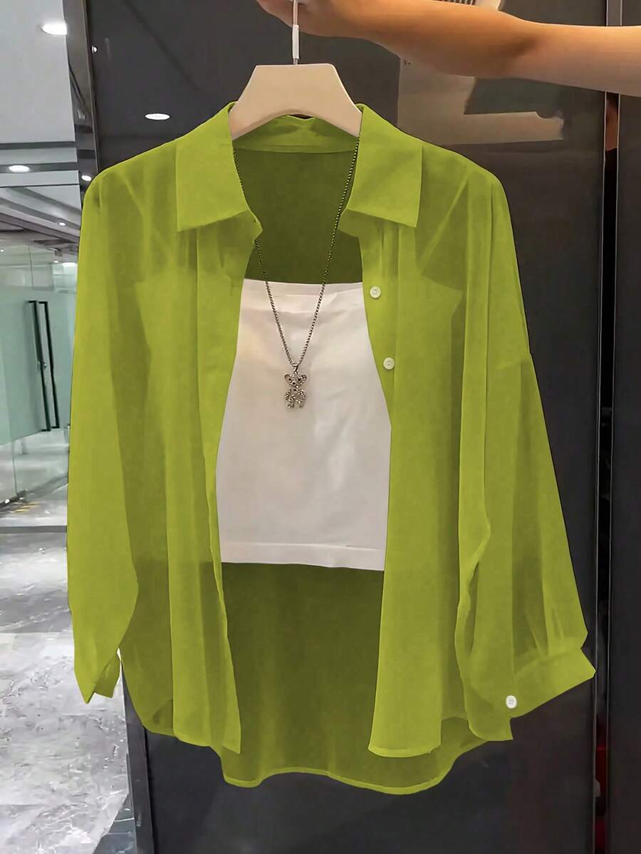 Franclia Basic Transparent Solid Color Minimalist Shirt With Turndown Collar Fall Cloth For Women - Green - View 1