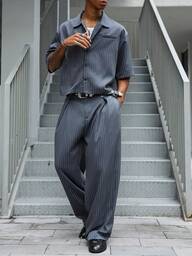 Major Grit Men's Blue White Stripe Summer Streetwear Set,Casual Baggy Short Sleeve Top And Long Pants,Japanese Style City Break Graphic Unisex Matching Outfits