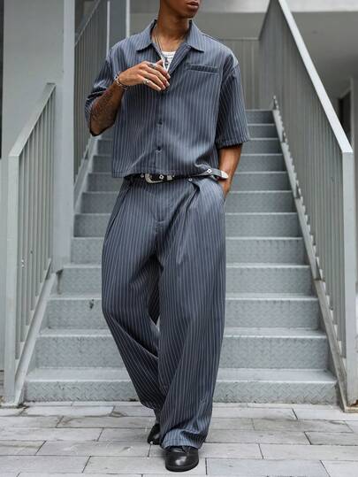 Major Grit 男士藍白條紋夏季街頭風套裝，休閒寬鬆短袖上衣與長褲，日系城市度假風圖案中性情侶套裝