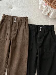 SHEIN 兒童女孩 2件組休閒柔軟寬鬆黑色與棕色牛仔褲，秋冬返校兩件套 - 彩色 - 查看 3