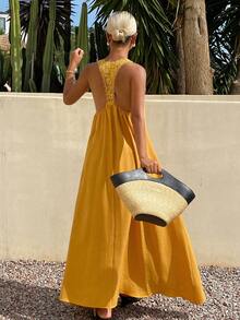 DAZY Solid Color Loose Cami Dress With Contrast Lace Casual Boho Vacation Elegant Summer Women's Dress Sundress Beach Golden Yellow - Yellow - View 2