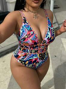 Swim Vcay 女款大尺碼豹紋深V領性感一件式海灘度假泳衣 - 彩色 - 查看 3