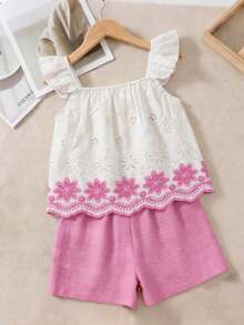 SHEIN Sparklyn Tween Girl Floral Print Ruffle Sleeve Top And Shorts Set - Multicolor - View 4