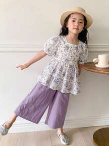 Dazy Kids Setelan 2 Potong Kemeja dan Celana Panjang Motif Bunga Kasual Musim Panas untuk Anak Perempuan - Mauve Purple - View 4