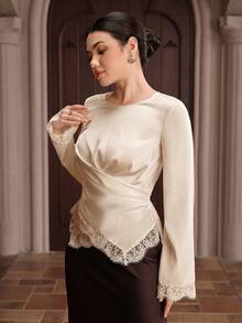 Graceveil Women's Round Neck Solid Color Lace Patchwork Slim Fit Elegant Blouse - Apricot - View 2