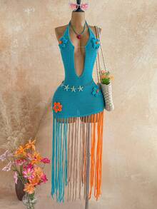 Soleia New Back To School Casual Vacation Western Beach Wedding Guest Outfit Graduation Brunch Women's Clothing St. Patrick's Day Spring Break Easter Music Festival Elegant Bohemian Tropical Elegant 3D Crochet Sexy Deep V-Neck Fringe Women's Sweater Dress - Multicolor - View 1