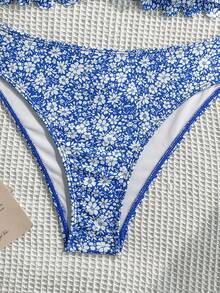 Swim Mod 女款泳衣，女孩鏤空荷葉邊花瓣邊飾抹胸，甜美可愛，碎花印花，紋理羅紋面料 - 藍白色 - 查看 6