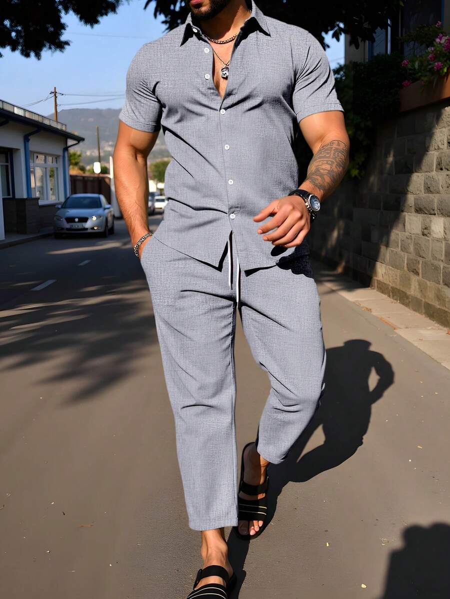 Manfinity Homme Men's Summer Casual Front Button Short Sleeve Shirt And Pants Set - Grey - View 1