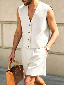 Manfinity Dauomo Men's Casual Single-Breasted Solid Color Vest And Versatile Pocket Shorts Set - White - View 3