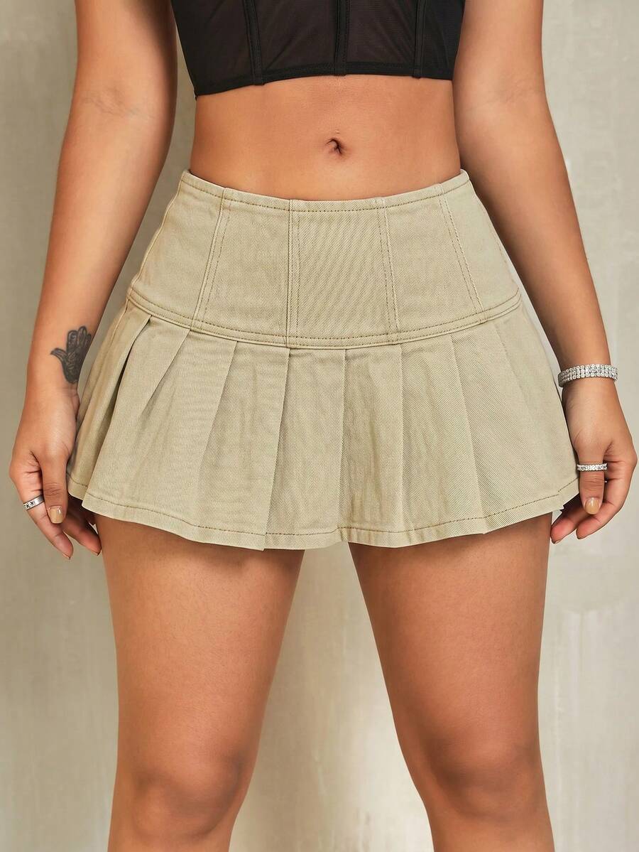 SHEIN SXY 女款素色時尚辣妹街頭風百褶牛仔裙 - 卡其色 - 查看 1