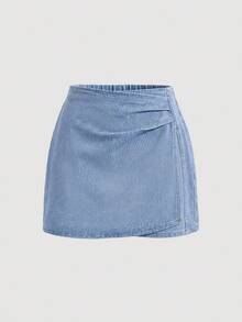 SHEIN Leap Crew 青少年女孩休閒抓皺不對稱下擺牛仔裙，適合夏季世界盃、日、海灘、畢業季 - 藍色 - 查看 1